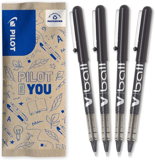 PILOT - Cutie cu 4 VBall 05 - Pixuri cu cerneală lichidă - Pixuri cu vârf conic fin pentru scriere fină și precisă - Uscare rapidă, anti-pete - Negru - Vârf fin (0,5 mm)