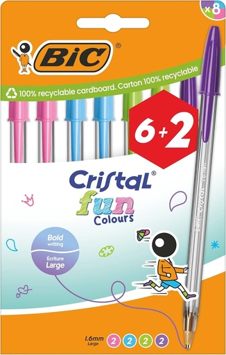 Pixuri colorate BIC Cristal Fun cu vârf lat (1,6 mm) - Culori asortate, pachet de 8 