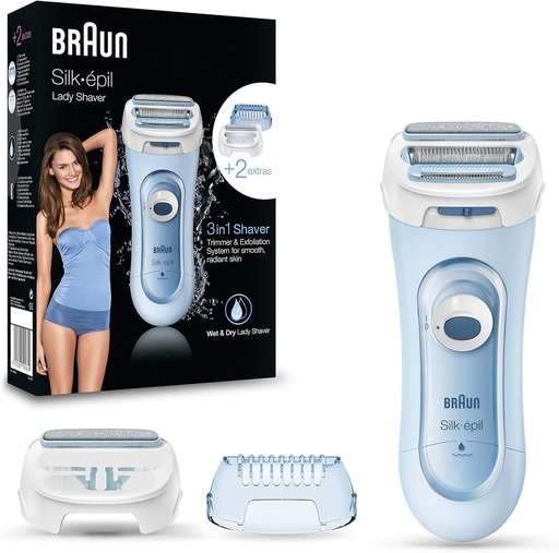Braun Silk-épil Lady Shaver, Aparat de ras electric pentru femei, Aparat de ras electric 3 in 1, Sistem de tuns si exfoliere cu 2 functii suplimentare, Wet&Dry, LS5160, Albastru 