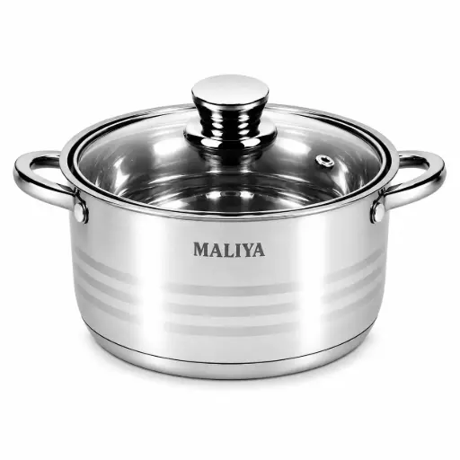 Oala Maliya Premium Cassrole Inox 20 cm - Oala cu capac din sticla si manere, compatibila cu toate tipurile de suprafete de gatit
