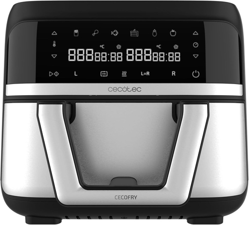 Friteuza cu aer Cecotec Cecofry Dual 9000 9L. 2850W, digitala si compacta, temperatura duala, tehnologie PerfectCook, galeata de 4,5L impartibila in doua, 6 moduri de gatit