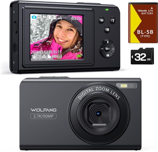 Aparat foto digital WOLFANG, cameră foto pentru copii 2.7K pentru fotografie, cameră compactă pentru vlogging de 50MP, cameră video digitală cu zoom 16X, focalizare automată și fotografiere, cadou