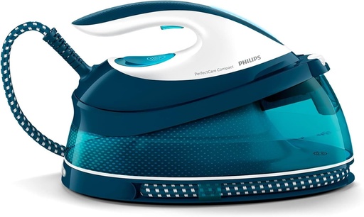 Fier de călcat cu abur Philips PerfectCare Compact - 2400 W, jet de abur de 400 g, presiune de 6,5 bari, tehnologie OptimalTEMP, rezervor de apă de 1,5 l, alb/albastru (GC7844/20)