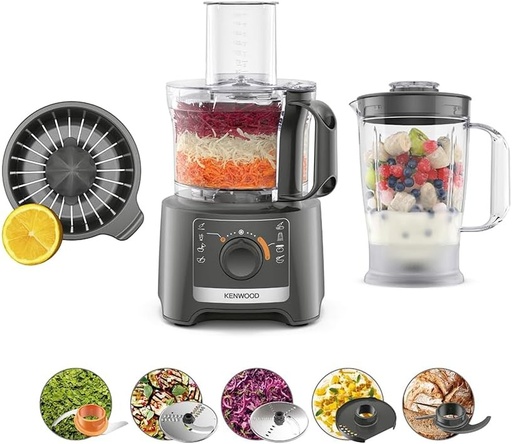 Kenwood MultiPro Compact FDP31.360GY, Robot de bucătărie multifuncțional cu lamă de blender, disc de frământare și feliere, storcător de citrice, blender de 1,2 l, 2 viteze + puls, bol de 2,1 l, 800 W, gri