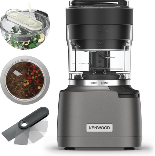 Kenwood Duo Prep CHP80.000SI, Tocător și râșniță 2 în 1 cu lame cvadruple zimțate, râșniță compactă de mare viteză, bază antiderapantă, lavabilă în mașina de spălat vase, 800W, argintiu