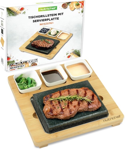Piatră vulcanică NutriChef pentru carne, grătar de masă cu piatră de granit, tavă din oțel inoxidabil, farfurie din bambus și boluri ceramice, grătar carne, legume și pește