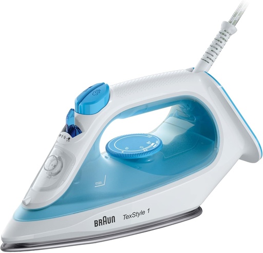 Braun TexStyle 1 SI1029BL, Fier de călcat antiaderent, Jet de abur 120g/min, Sistem de decalcare și funcție de pulverizare, Încălzire rapidă (35s), Potrivit pentru apă de la robinet, EcoMode, Rezervor de 220ml, 1900W, Albastru