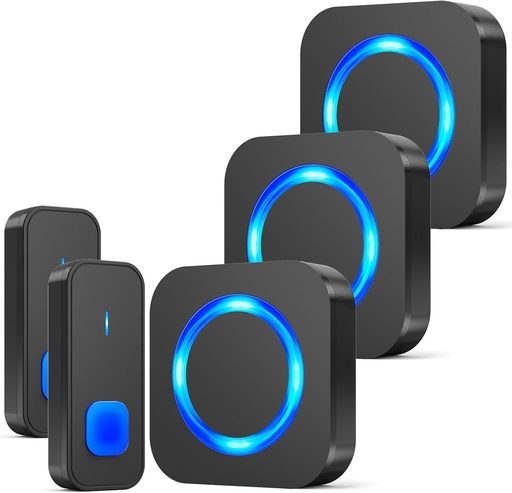 SURFOU Sonerie wireless impermeabilă pentru exterior cu 3 receptoare și 2 butoane, sonerie wireless cu rază lungă de acțiune de 400 m pentru acasă, indicator LED, 5 butoane de volum, 55 de tonuri de apel, negru