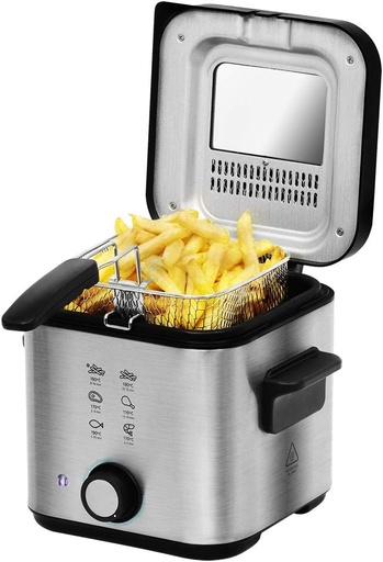 Friteuză electrică Cecotec CleanFry Infinity 1500. Friteuză cu ulei cu o capacitate de 1,5 litri, putere de 900 W, filtru de ulei, găleată antiaderentă, capac cu filtru și fereastră de inspecție.