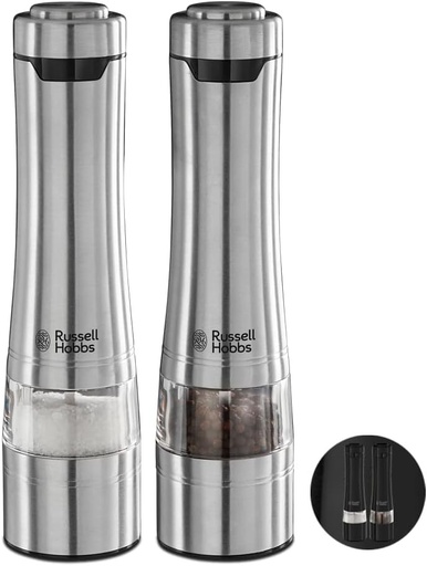 Râșniță de piper Russell Hobbs, râșniță electrică de sare și piper, ceramică, măcinare fină până la grosieră, iluminare LED la bază, 2 capace, funcționare cu baterii, Classic 23460-56