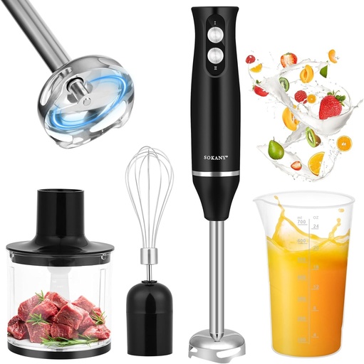 Blender de mână Dreamhigh 4 în 1, blender de imersie de 500 W cu 2 viteze, blender de mână cu tel, tocător de 500 ml și cană gradată de 700 ml – Ideal pentru mâncare pentru bebeluși, supe și smoothie-uri