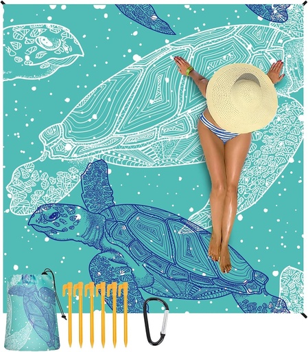 Prosop de plajă din microfibră - 210 x 200 cm - Pătură mare de plajă - Fără nisip - Cu 6 țăruși de pământ și 1 carabină - Accesoriu de plajă - Moale și prietenos cu pielea