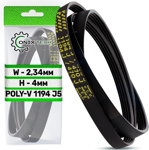Cureaua de transmisie Poly-V pentru mașina de spălat 1194 J5 are o înălțime de 4 mm și o lățime a nervurilor de 2,34 mm - Garanție de 5 ani - ONIX TECH