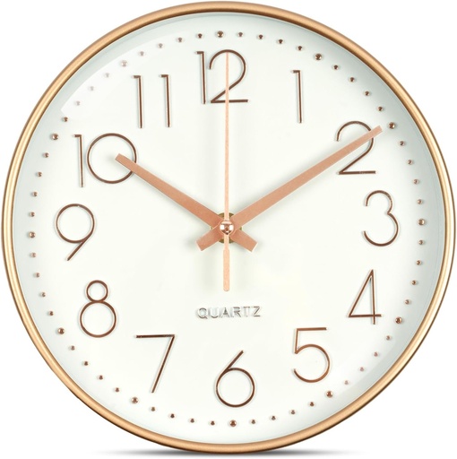 Ceas de perete modern silențios Aolso 20 cm (8 inch), ceas de perete circular cu cuarț ușor de citit, mecanism cu cuarț pentru dormitor, living, bucătărie, birou - alb + auriu roz