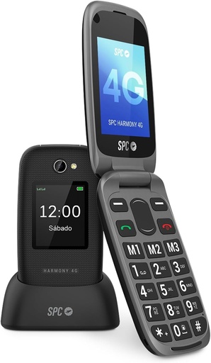 SPC Harmony 4G - Telefon mobil cu clapa pentru seniori, butoane mari, compatibil cu aparate auditive, configurare de la distanta, buton SOS, sonerie puternica, statie de incarcare, negru 