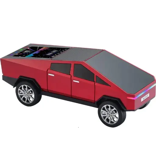 Boxa bluetooth wireless 15W design masina rosie Cybertruck, display touchscreen color, lumini LED RGB, 30cm