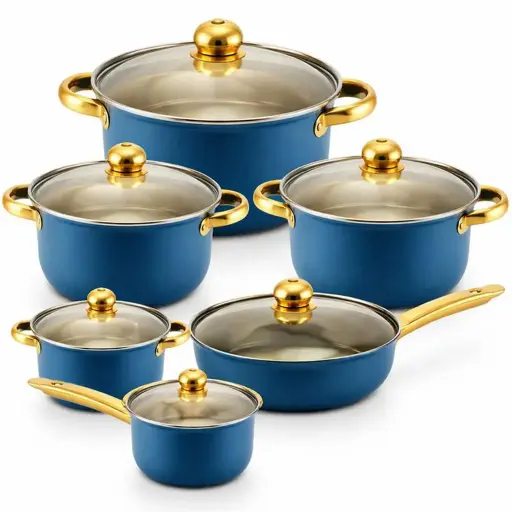Set de vase de gătit cu 12 piese | Set de oale | Oale și tigăi | Oale cu capace de sticlă | Compatibile cu inducție | Albastru și auriu, oțel inoxidabil