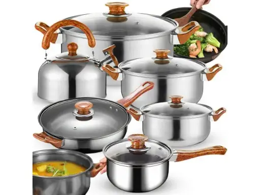 Set de vase de gătit cu 12 piese și ibric cu fluierat | Set de oale | Cratițe | Oale cu capace de sticlă | Argint, oțel inoxidabil 