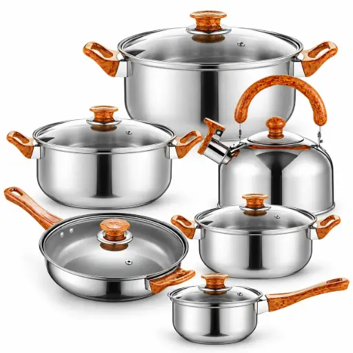 Set de vase de gătit cu 12 piese și ibric cu fluierat | Set de oale | Cratițe | Oale cu capace de sticlă | Argint, oțel inoxidabil 