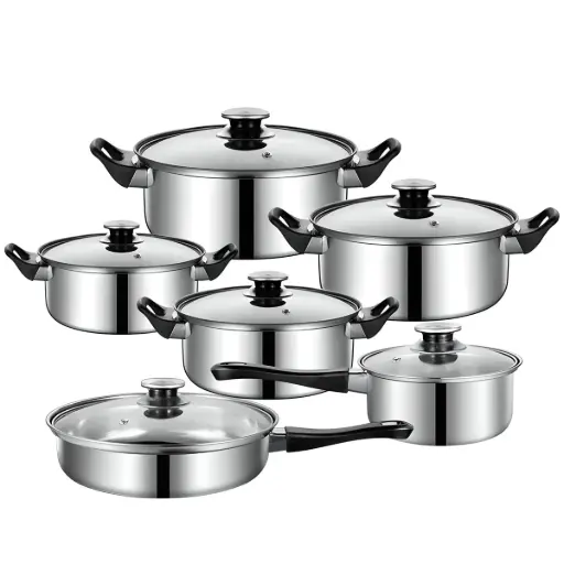 [O068] Set de vase de gătit din oțel inoxidabil 12 piese cu tigaie și capace