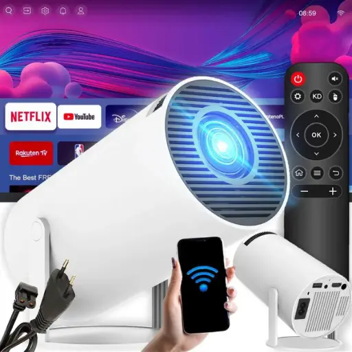 Proiector Android TV WiFi Full HD portabil, difuzor rotativ inteligent