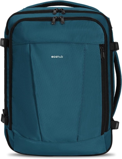 Rucsac de mână ECOHUB pentru avion, rucsac pentru Ryanair Easyjet cu 13 buzunare, rucsac de călătorie ușor fabricat din PET reciclat pentru călătorii aeriene, pentru femei și bărbați, 40x30x20 cm 24L (albastru-verde)