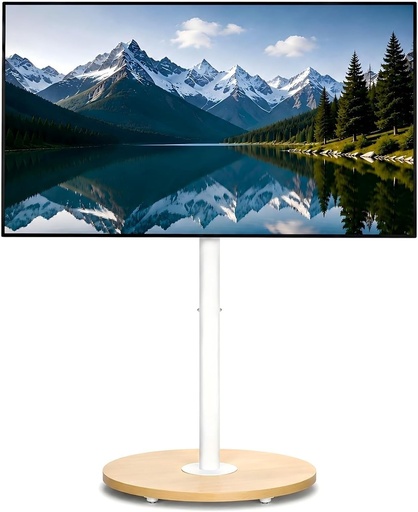 Suport TV de podea Unho, alb, cu roți, înălțime reglabilă, bază din lemn, VESA 600x400, pentru 40-75 inci