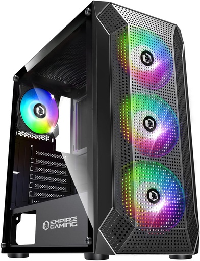 EMPIRE GAMING - Carcasă PC Gaming Ruby - ARGB Mid-Tower ATX, mATX, ITX - Față tip plasă - Panou lateral din sticlă acrilică - 4 ventilatoare cu 3 pini, 5 volți - LED-uri RGB adresabile de 120 mm - MB Sync - Negru