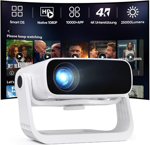 Proiector inteligent, 2026, Full HD 1080P, 25000 lumeni, Android 11, aplicații integrate, corecție trapezoidală 4D, WiFi 6 și BT 5.2, proiector Home Cinema 4K cu suport rotativ la 120grade pentru iOS/Android/laptopuri