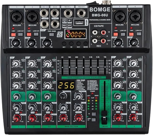 Mixer audio profesional pentru DJ BOMGE, mixer DJ cu 6 canale, mixer de sunet Bluetooth, acceptă intrare computer USB/MP3/BT/256DSP, alimentare stereo phantom de 48V, potrivit pentru înregistrare streaming în studio DJ