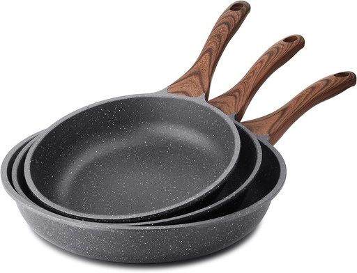 SENSARTE Tigaie antiaderentă 20 cm + 24 cm + 28 cm, Tigaie pentru omletă cu 3 bucăți, acoperire cu granit elvețian, Vase de gătit din piatră sănătoasă, Tigaie pentru bucătar, Compatibilă cu aragazul pe gaz și cu inducție