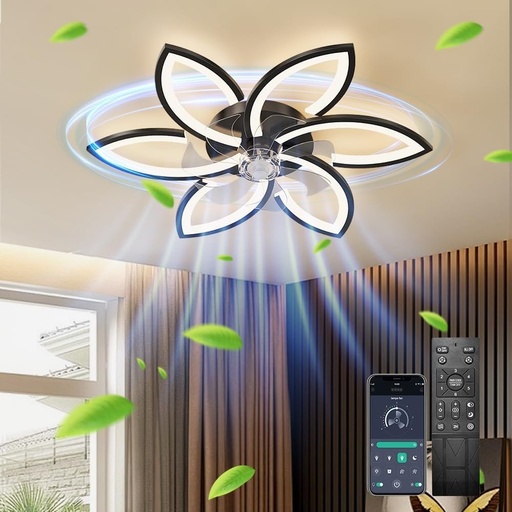 Ventilator de tavan silențios DIDADIDA cu lumină, ventilator de tavan cu telecomandă și iluminare prin aplicație, luminozitate reglabilă, lampă de tavan creativă în formă de floare acrilică de 70W cu ventilator (negru)