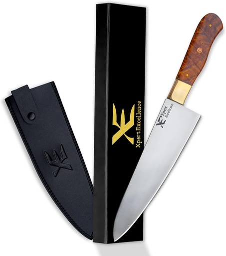 Cuțit de bucătar din oțel inoxidabil XE – Cuțit de bucătar de 20 cm cu mâner ergonomic pentru legume, cuțit de bucătărie profesional cu tang complet pentru uz casnic și restaurant cu teacă de piele