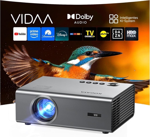 Proiector inteligent 4K compatibil cu aplicația Netflix, sunet de cinema și HDR  Focus automat KOGATA, Keystone 6D, WiFi 6 și Bluetooth  Proiector Home Cinema pentru grădină și streaming fără stick TV, argintiu