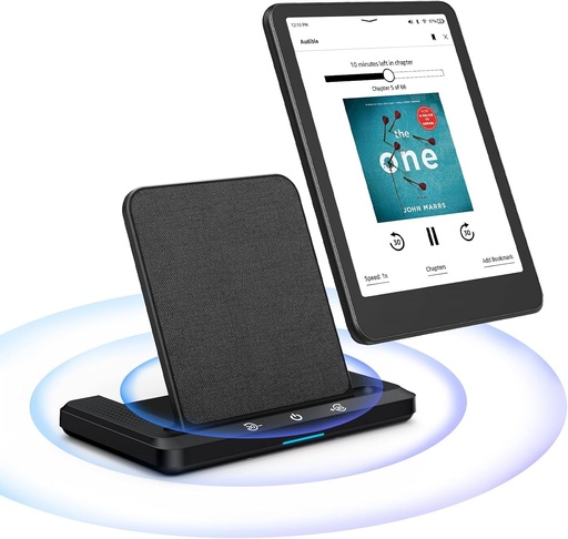 Stație de încărcare wireless cu difuzor integrat pentru cărți audio, inclusiv adaptor de alimentare.