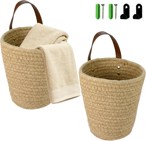 Set de 2 coșuri suspendate, coșuri din bumbac cu mânere din piele, coș de perete țesut, coș suspendat pentru casă cu 2 cârlige, coș suspendat pentru birou, bucătărie, dormitor (11x18cm)