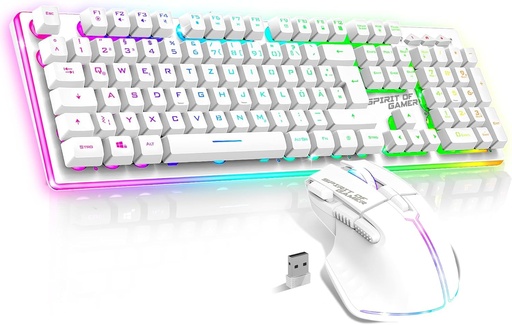 SPIRIT OF GAMER x MK600  Set tastatură și mouse wireless, alb, RGB, reîncărcabil  Layout german QWERTZ cu iluminare din spate  Tastatură de gaming semimecanică  Mouse wireless 4800 DPI  PS4/PS5, PC