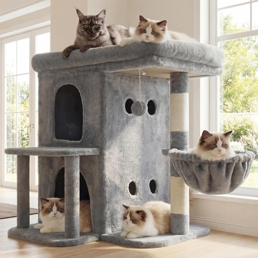 Heybly, Arborele pentru pisici, Turn pentru pisici de 65 cm cu stinghie superioară spațioasă pentru pisici mari, Mobilier pentru casă de pisici în stil scară cu suporturi duble, Stâlpi de zgâriat din sisal, Coș confortabil și pompom, Gri deschis HCT204SW