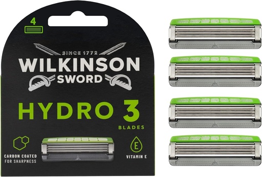 WILKINSON SWORD - Lame de ras Hydro 3 pentru bărbați, acoperite cu carbon, gel hidratant și protecție pentru piele, pachet de 4 rezerve