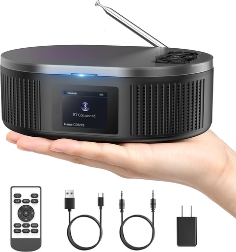 CD player portabil DESOBRY, Discman reîncărcabil cu căști, blocare prin menținere și funcție anti-șoc, pentru mașină cu cablu AUX, ecran LCD, butoane mari, ideal pentru vârstnici și copii