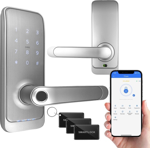 Încuietoare inteligentă de ușă EURA ELH-01H4 cu mâner, cod de blocare, cititor de proximitate de 13,56 MHz, cititor biometric, IP65, distanțare universală cu zăvor, argintiu