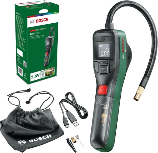 Pompă electrică pentru bicicletă Bosch, pompă de aer portabilă, umflator anvelope fără fir EasyPump (baterie 3.0 Ah, 3.6 V, funcție Autostop, 150 PSI, 10.3 bar, LED, reîncărcabilă prin cablu USB-C, în cutie de carton)