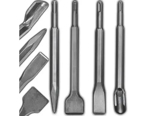 Set de burghie și dălți din metal robust, 4 piese, ciocan demolator, SDS-Plus, cu daltă cu vârf, daltă plată, daltă spatulă pentru beton