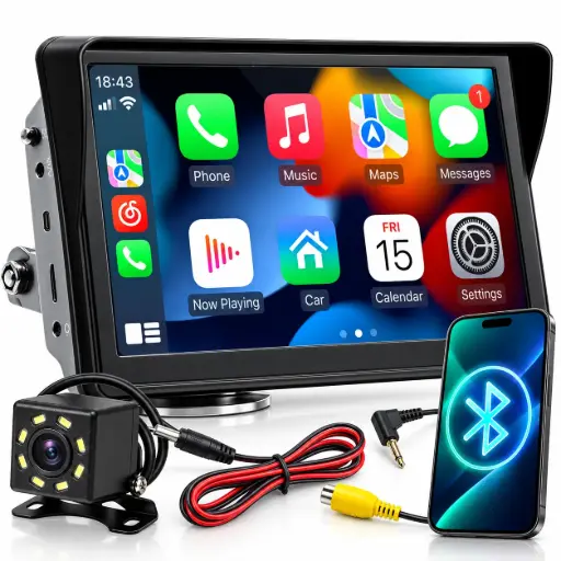 [ER1081] Radio auto touchscreen 7 inch cu wireless și cablu, display pentru mașină cu cameră de mers înapoi, CarPlay/Android Auto/AirPlay, Bluetooth, negru