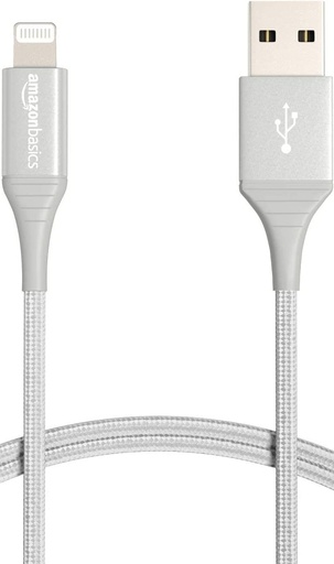 Cablu Amazon Basics USB-A la Lightning - Nailon dublu impletit - Colectie avansata - Incarcator iPhone certificat MFi - Argintiu - 3 picioare