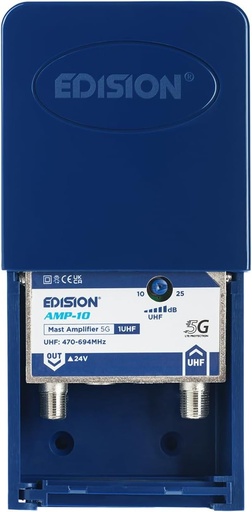 Amplificator antena TV EDISION AMP-10 cu catarg 1UHF, 10-25db reglabil, 107dBmV, 24V, pentru semnal digital terestru DVB-T/T2, frecvente UHF 470-694MHz, cu filtru 5G LTE 
