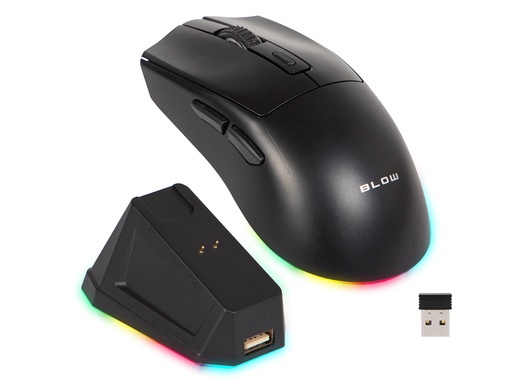 [84-060] Mouse gaming wireless Blow Adrenaline Omega negru, 7200 DPI, RGB, 2,4 GHz / Bluetooth / USB, stație de încărcare cu hub