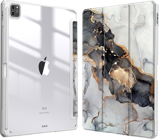 Husa hibrida Fintie pentru iPad Pro 12.9 2022 (a 6-a generatie)/ iPad Pro 12.9 2021/2020/2018 cu suport pentru creion - Husa de protectie rezistenta la socuri cu carcasa rigida transparenta pe spate, marmura tulbure