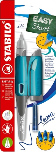 STABILO - Pix ergonomic scolar pentru dreptaci cu penita pentru incepatori A - EASYbirdy Pastel aqua green/menta - incl. cartus si instrument de reglare - albastru (sters)