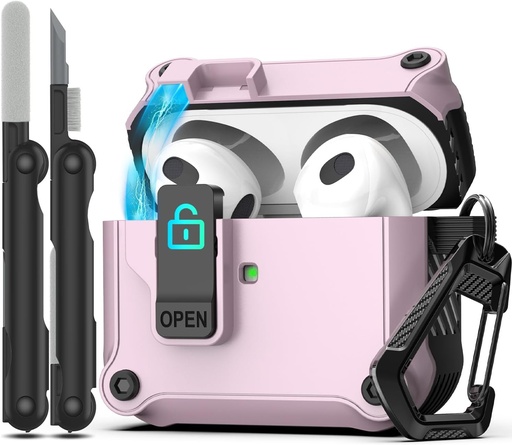 Husa RFUNGUANGO AirPods 3, compatibila cu incarcarea MagSafe, pop-up automat cu clema de blocare sigura, carcasa gri cu comutator negru
